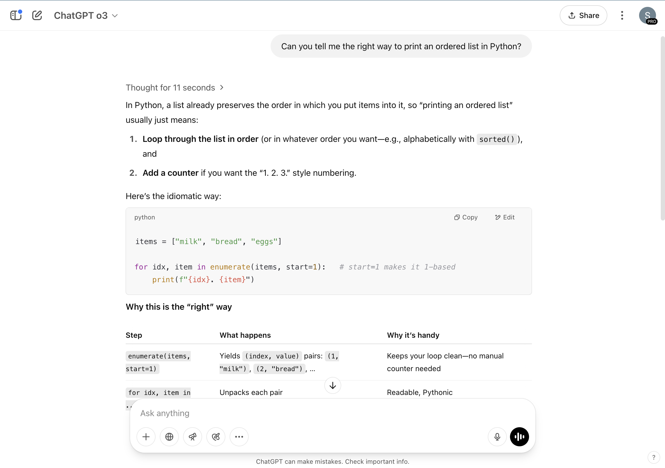 screenshot of ChatGPT response